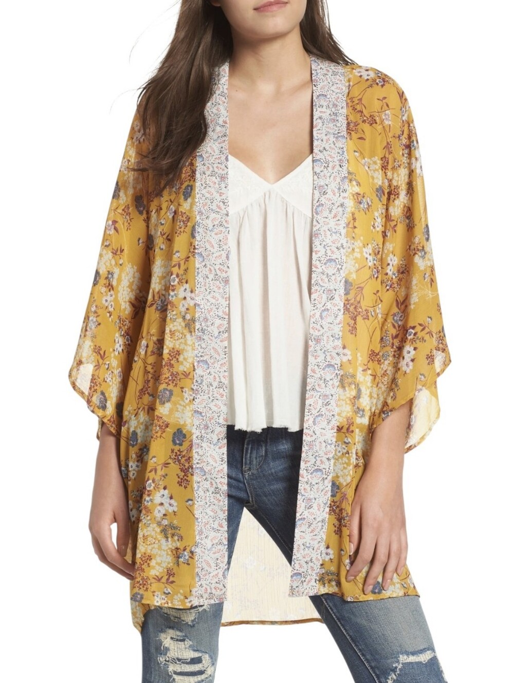Band of Gypsies Mustard Floral Kimono Duster S Boho Festival Resortwear NWOT